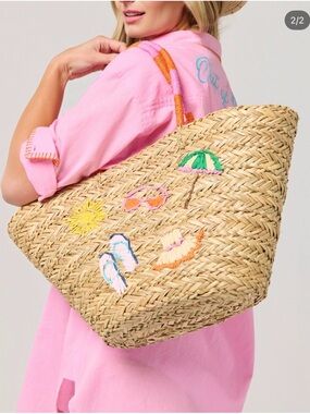 Altar'd State Natural Straw Tote with Colorful Embroidered Beach Motifs